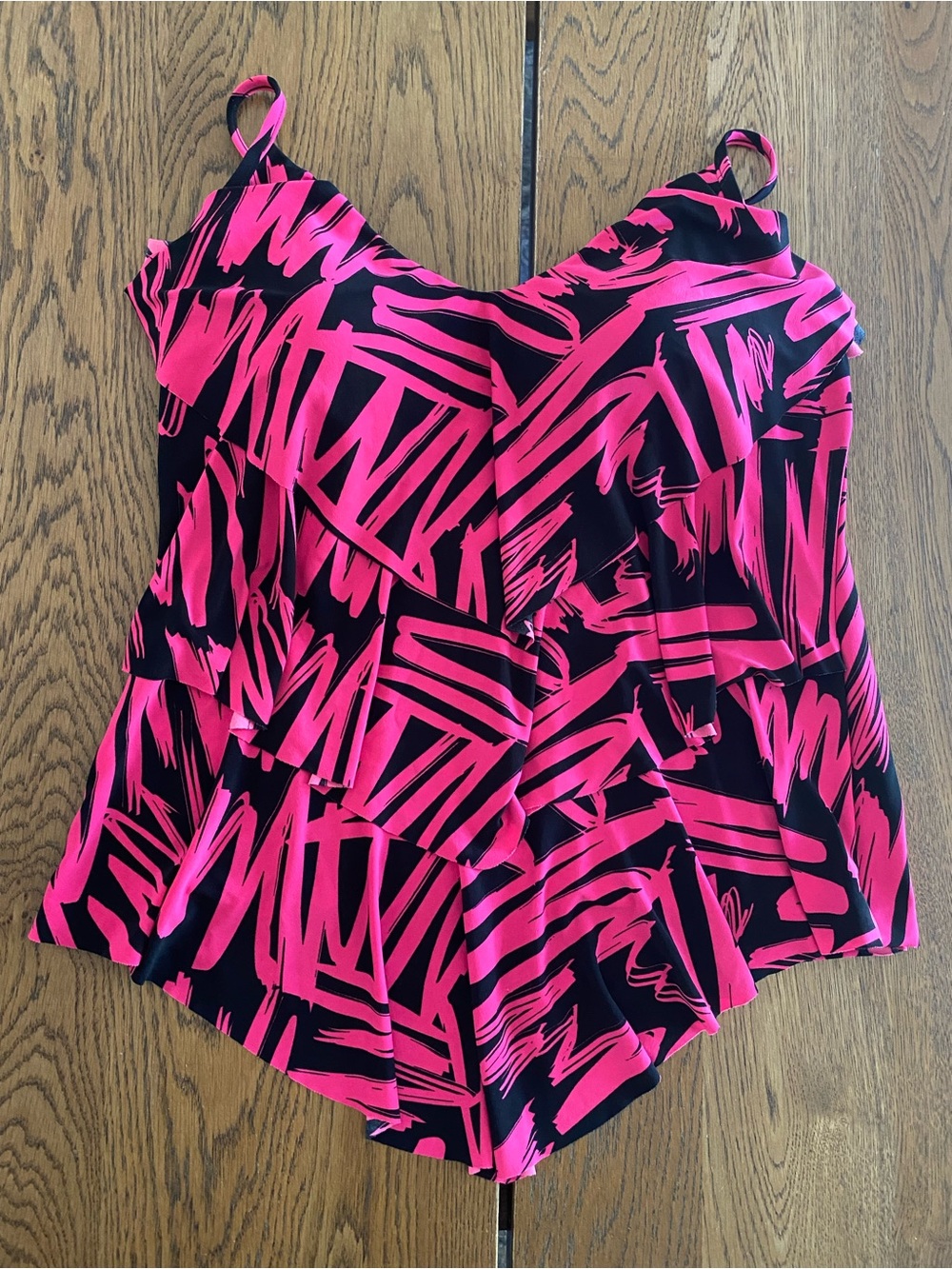 Magicsuit Tankini Top Pink Black Ruffle Tiered Size 14 Abstract Print Swimwear
